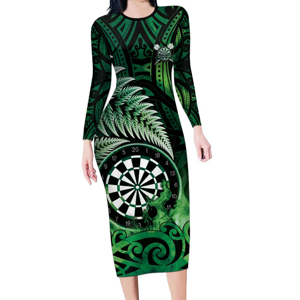 Personalised New Zealand Darts Long Sleeve Bodycon Dress Maori Koru Dartboard Green Flame
