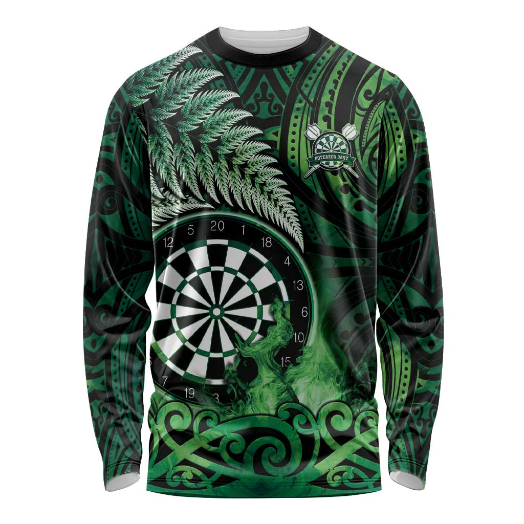 Personalised New Zealand Darts Long Sleeve Shirt Maori Koru Dartboard Green Flame