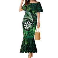 Personalised New Zealand Darts Mermaid Dress Maori Koru Dartboard Green Flame