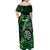 Personalised New Zealand Darts Off Shoulder Maxi Dress Maori Koru Dartboard Green Flame