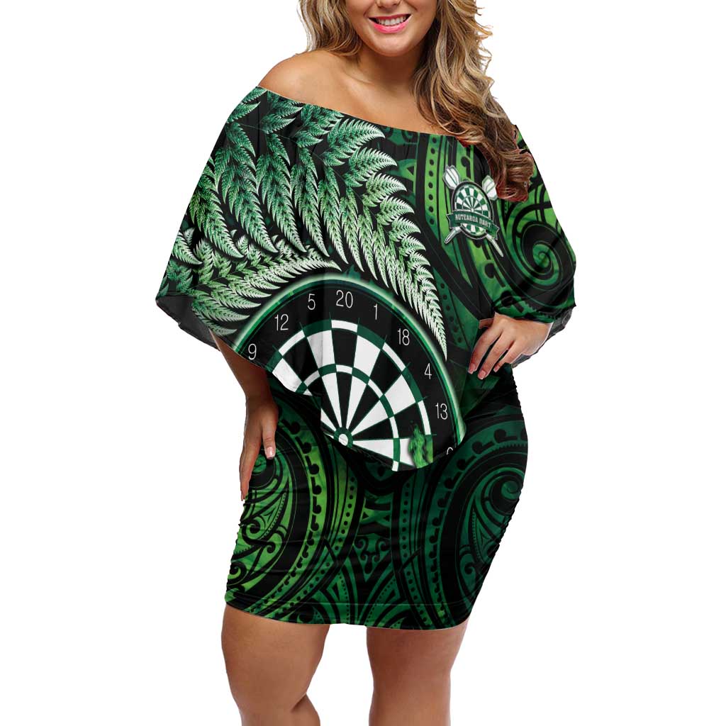 Personalised New Zealand Darts Off Shoulder Short Dress Maori Koru Dartboard Green Flame