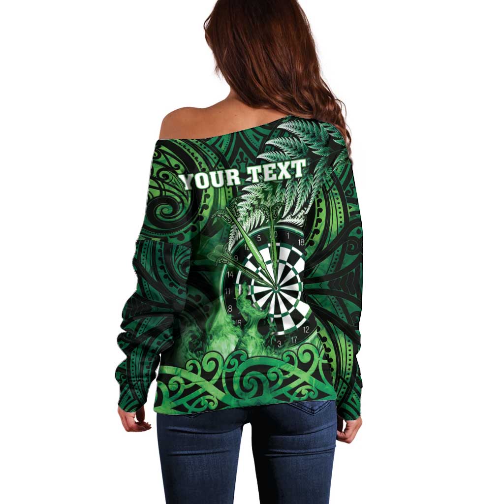 Personalised New Zealand Darts Off Shoulder Sweater Maori Koru Dartboard Green Flame