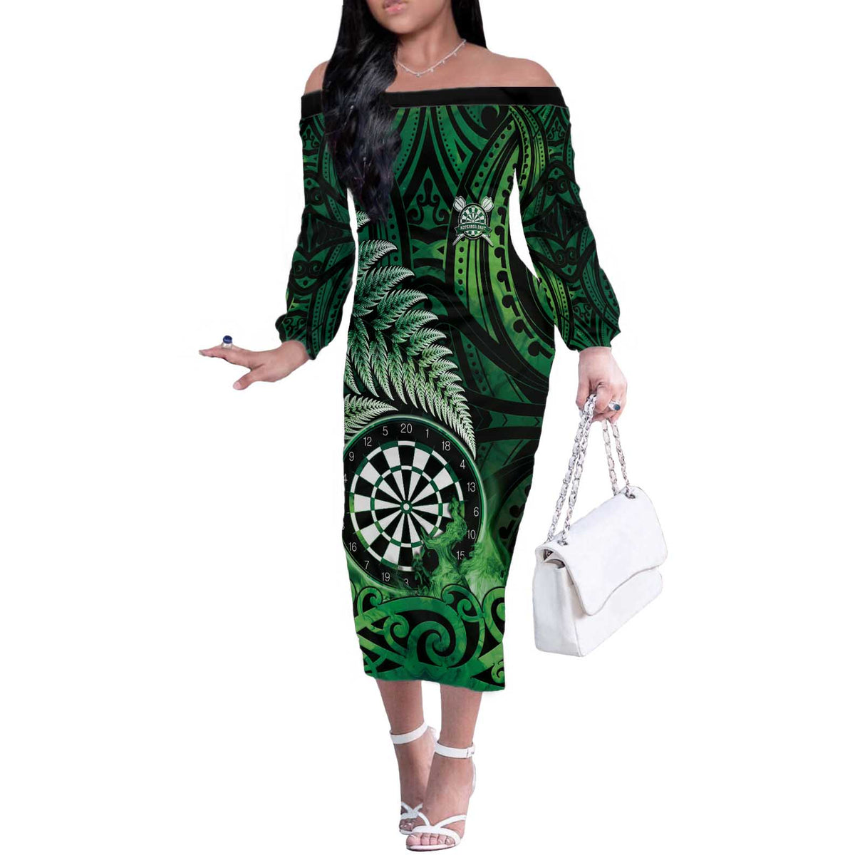 Personalised New Zealand Darts Off The Shoulder Long Sleeve Dress Maori Koru Dartboard Green Flame