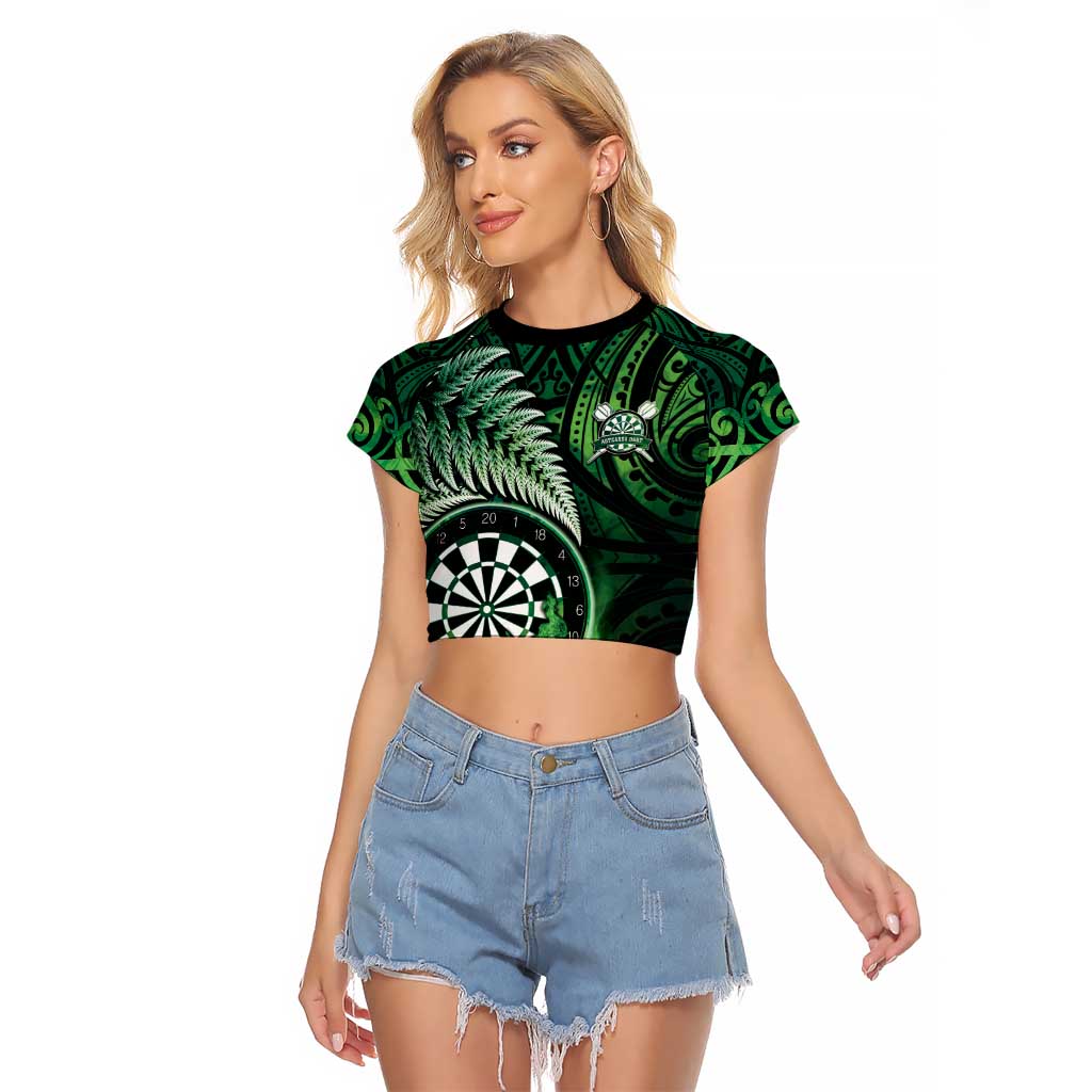Personalised New Zealand Darts Raglan Cropped T Shirt Maori Koru Dartboard Green Flame