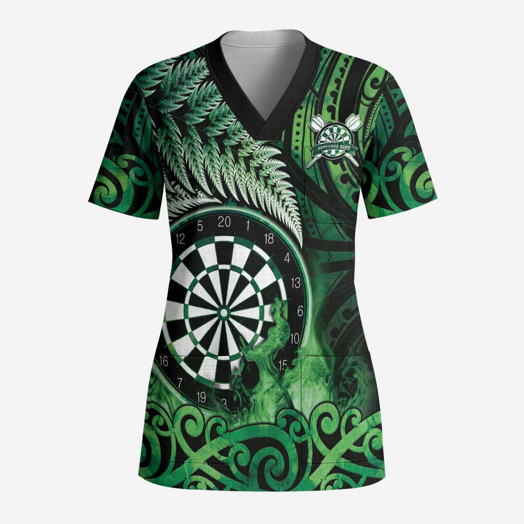 Personalised New Zealand Darts Scrub Top Maori Koru Dartboard Green Flame - Polynesian Pride