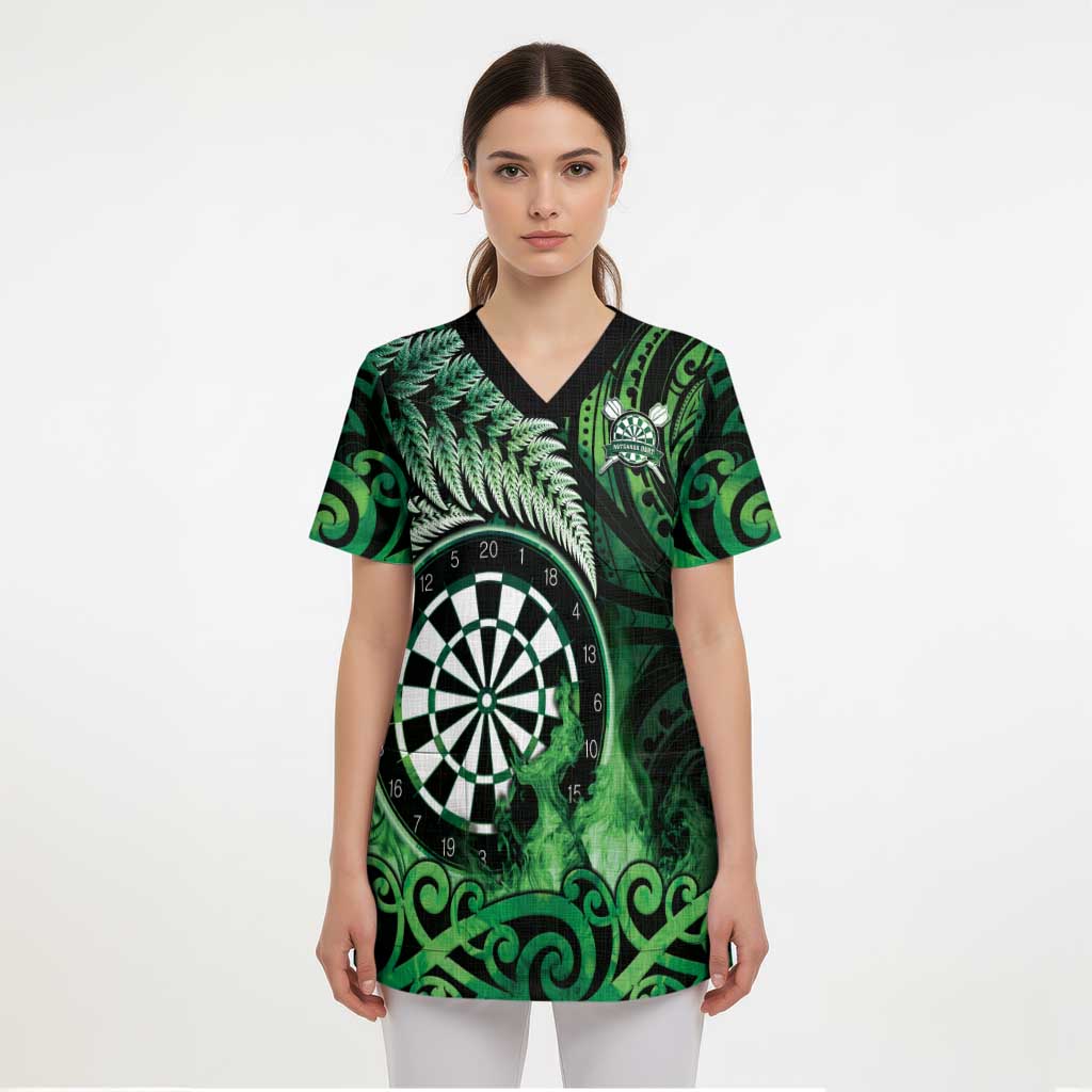 Personalised New Zealand Darts Scrub Top Maori Koru Dartboard Green Flame - Polynesian Pride