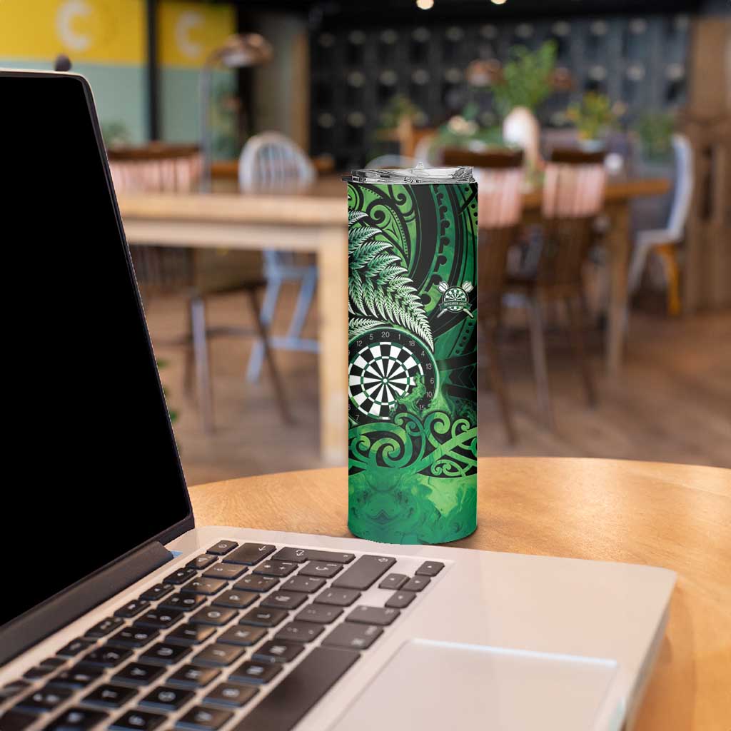 Personalised New Zealand Darts Skinny Tumbler Maori Koru Dartboard Green Flame