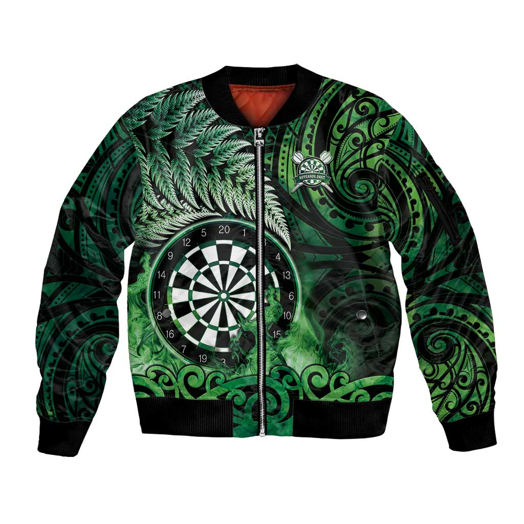 Personalised New Zealand Darts Sleeve Zip Bomber Jacket Maori Koru Dartboard Green Flame