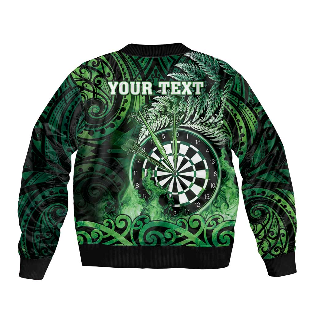 Personalised New Zealand Darts Sleeve Zip Bomber Jacket Maori Koru Dartboard Green Flame