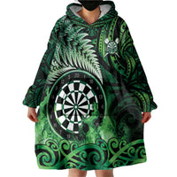 Personalised New Zealand Darts Wearable Blanket Hoodie Maori Koru Dartboard Green Flame
