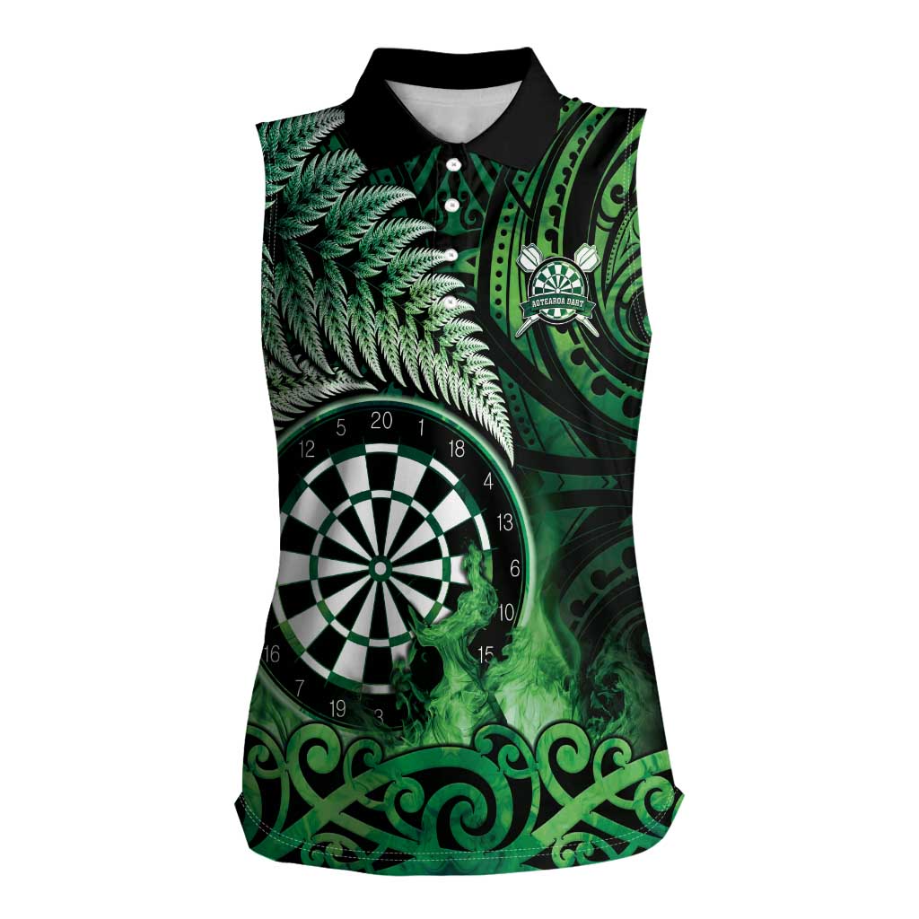 Personalised New Zealand Darts Women Sleeveless Polo Shirt Maori Koru Dartboard Green Flame