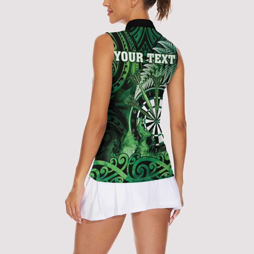 Personalised New Zealand Darts Women Sleeveless Polo Shirt Maori Koru Dartboard Green Flame