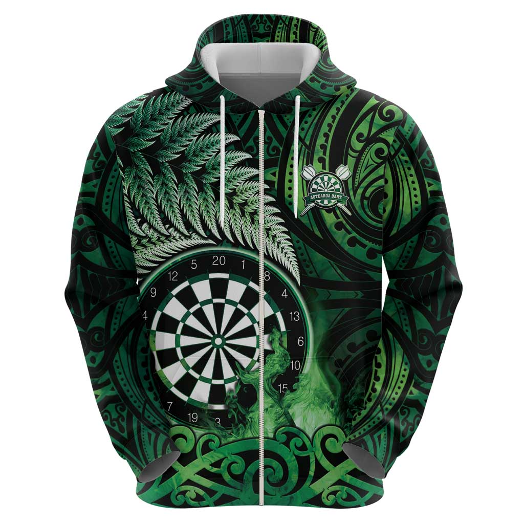 Personalised New Zealand Darts Zip Hoodie Maori Koru Dartboard Green Flame