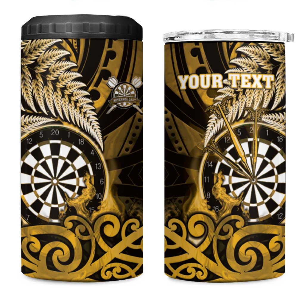 Personalised New Zealand Darts 4 in 1 Can Cooler Tumbler Maori Koru Dartboard Gold Flame
