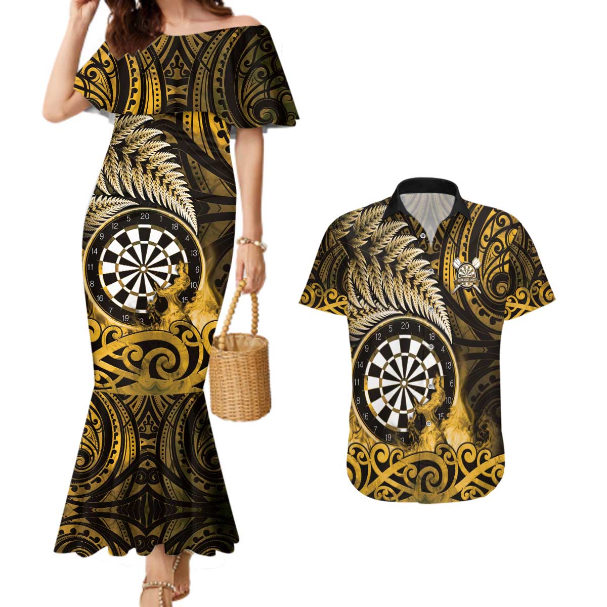 Personalised New Zealand Darts Couples Matching Mermaid Dress and Hawaiian Shirt Maori Koru Dartboard Gold Flame