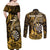 Personalised New Zealand Darts Couples Matching Off Shoulder Maxi Dress and Long Sleeve Button Shirt Maori Koru Dartboard Gold Flame