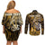 Personalised New Zealand Darts Couples Matching Off Shoulder Short Dress and Long Sleeve Button Shirt Maori Koru Dartboard Gold Flame