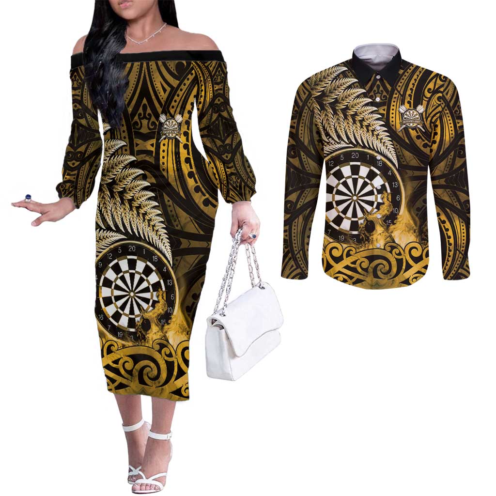 Personalised New Zealand Darts Couples Matching Off The Shoulder Long Sleeve Dress and Long Sleeve Button Shirt Maori Koru Dartboard Gold Flame