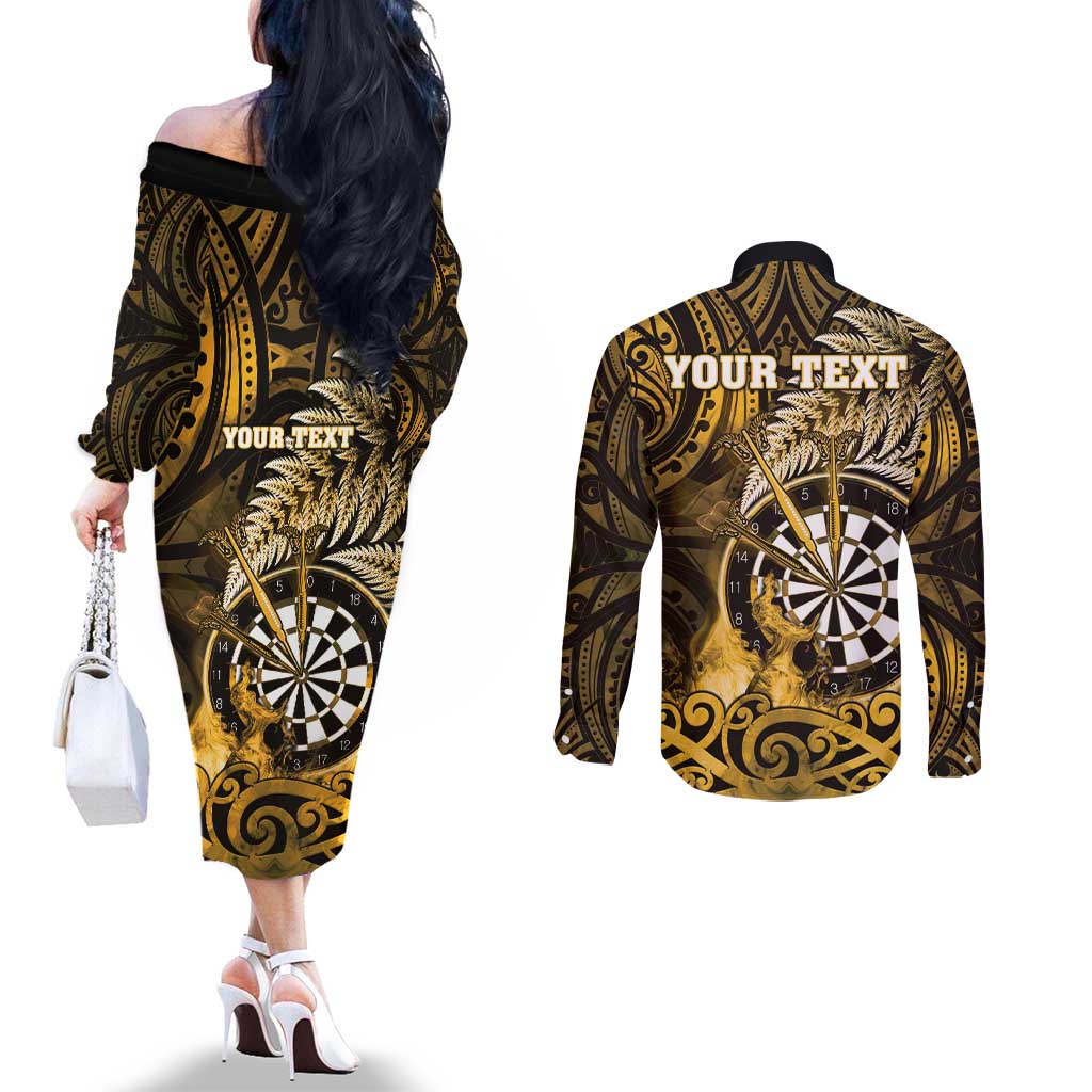 Personalised New Zealand Darts Couples Matching Off The Shoulder Long Sleeve Dress and Long Sleeve Button Shirt Maori Koru Dartboard Gold Flame