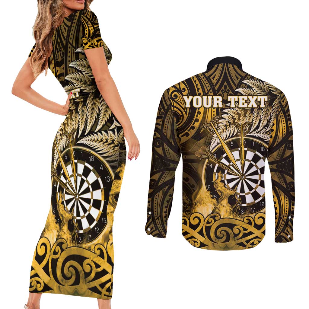 Personalised New Zealand Darts Couples Matching Short Sleeve Bodycon Dress and Long Sleeve Button Shirt Maori Koru Dartboard Gold Flame