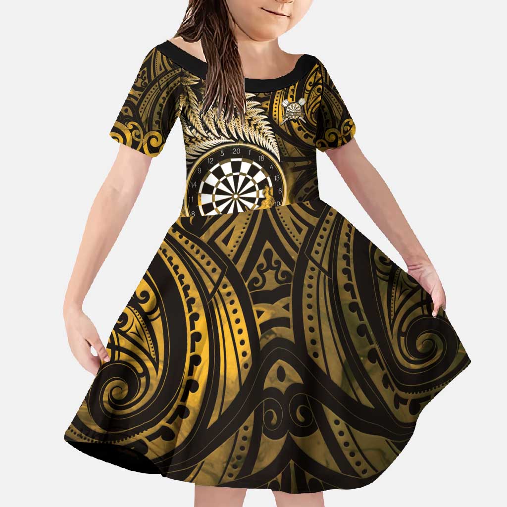 Personalised New Zealand Darts Family Matching Mermaid Dress and Hawaiian Shirt Maori Koru Dartboard Gold Flame