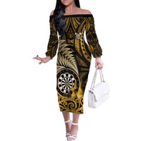 Personalised New Zealand Darts Family Matching Off The Shoulder Long Sleeve Dress and Hawaiian Shirt Maori Koru Dartboard Gold Flame