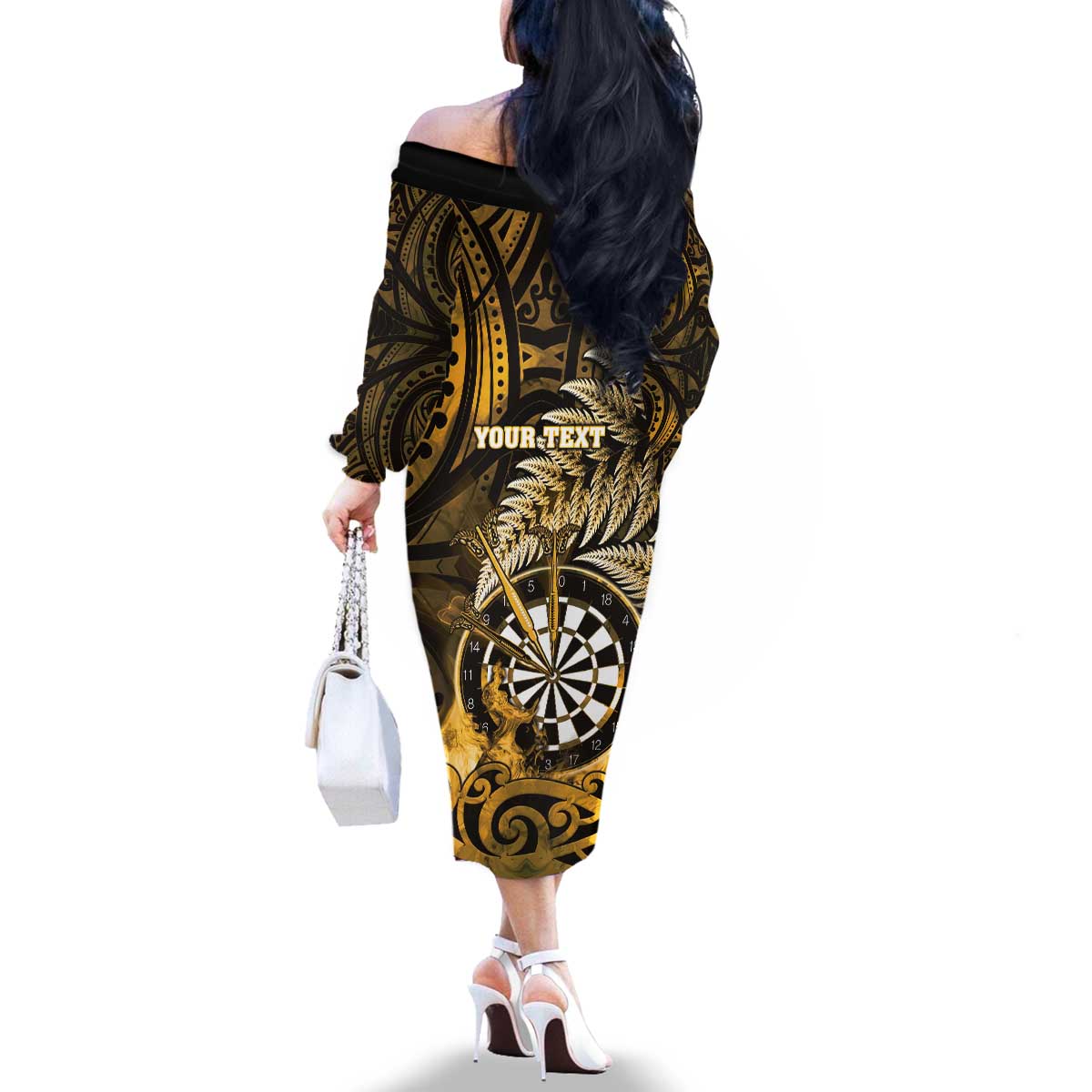 Personalised New Zealand Darts Family Matching Off The Shoulder Long Sleeve Dress and Hawaiian Shirt Maori Koru Dartboard Gold Flame