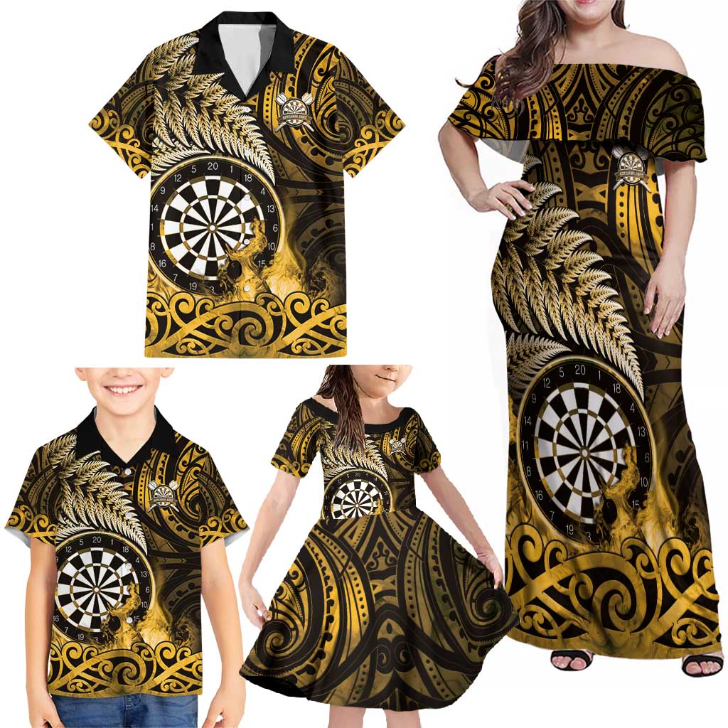 Personalised New Zealand Darts Family Matching Off Shoulder Maxi Dress and Hawaiian Shirt Maori Koru Dartboard Gold Flame