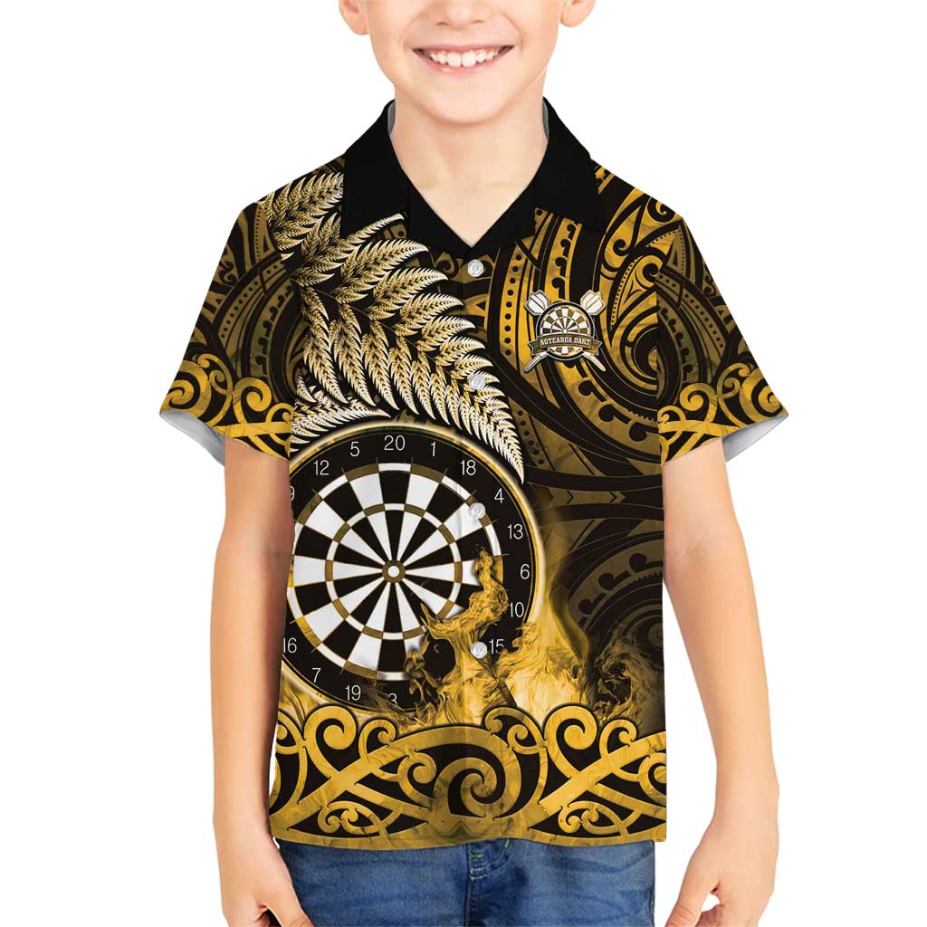 Personalised New Zealand Darts Family Matching Off Shoulder Short Dress and Hawaiian Shirt Maori Koru Dartboard Gold Flame