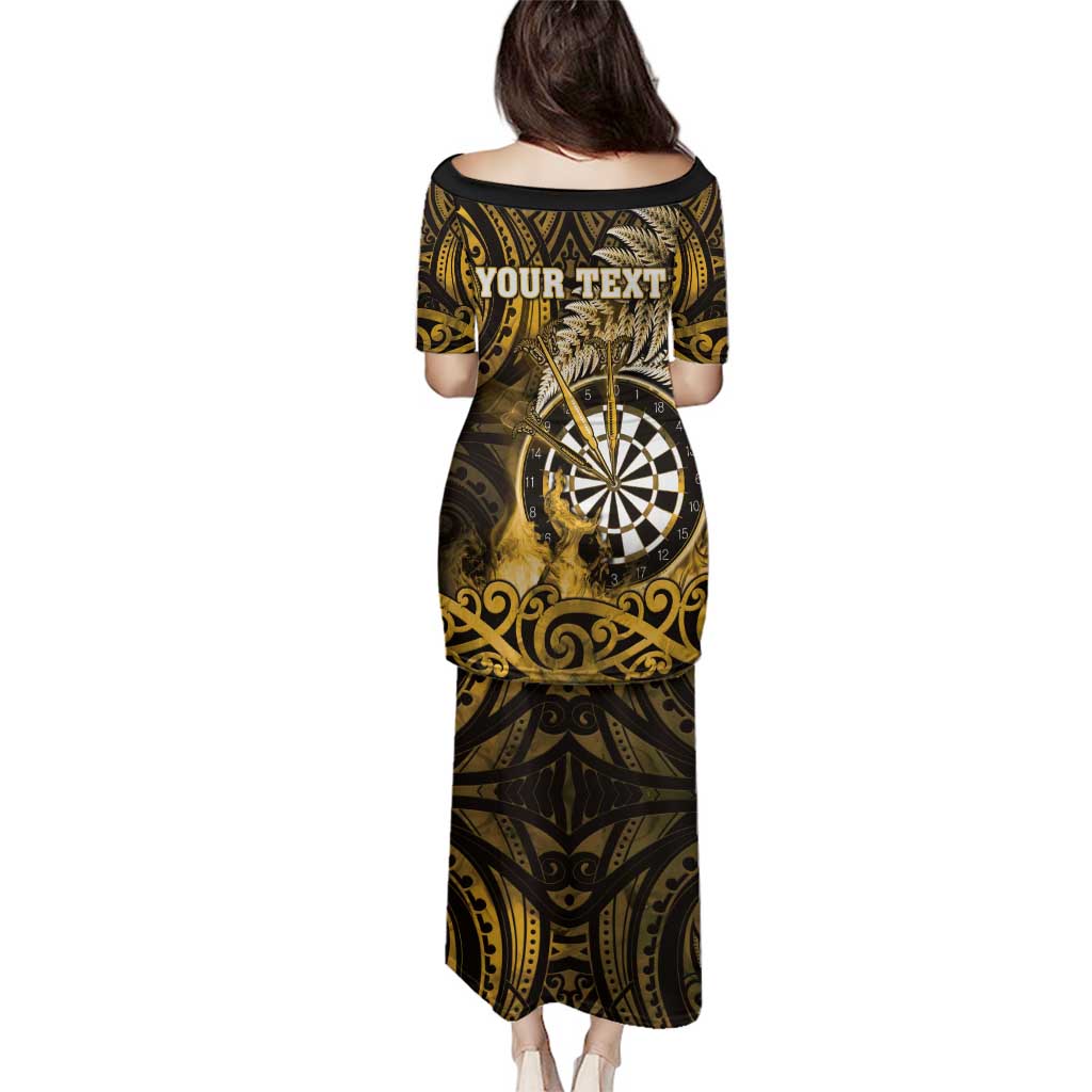 Personalised New Zealand Darts Family Matching Puletasi and Hawaiian Shirt Maori Koru Dartboard Gold Flame
