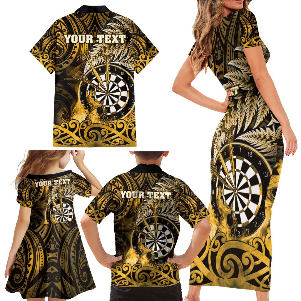 Personalised New Zealand Darts Family Matching Short Sleeve Bodycon Dress and Hawaiian Shirt Maori Koru Dartboard Gold Flame