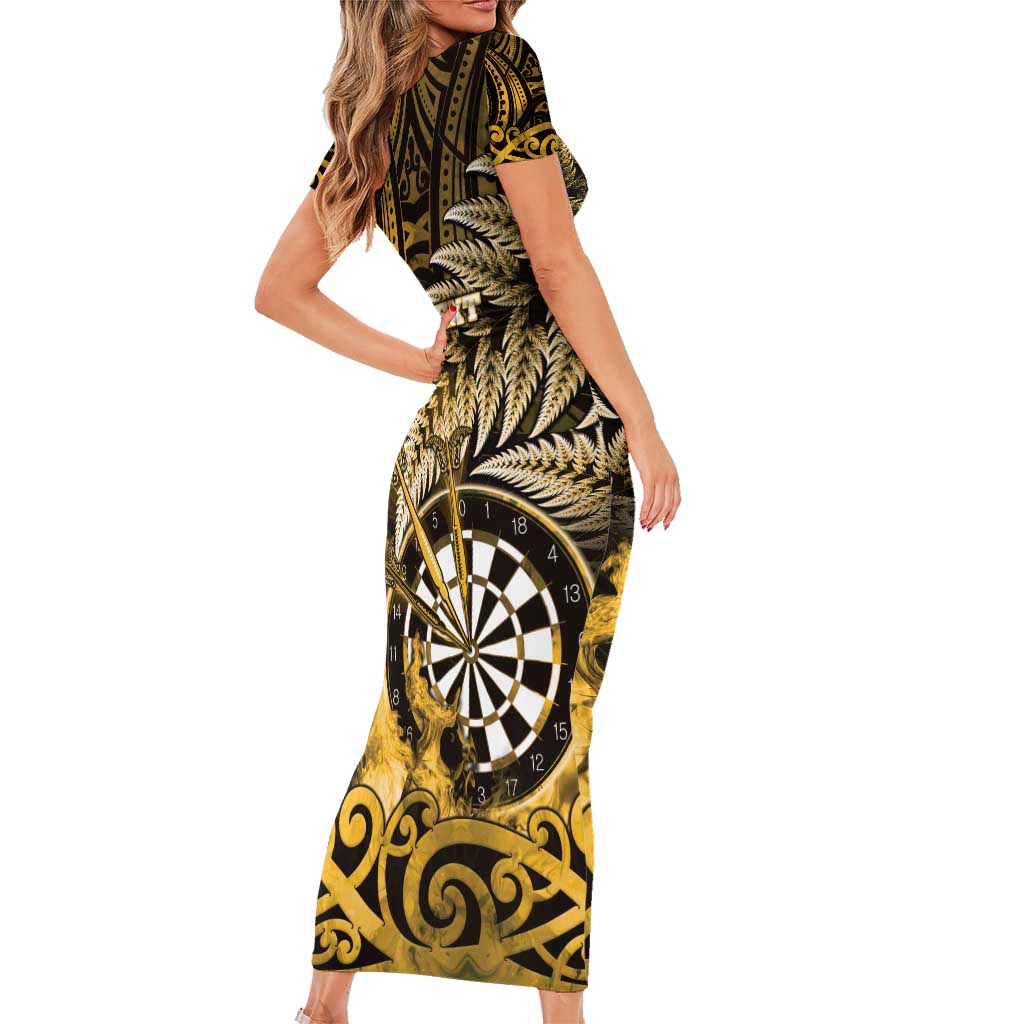 Personalised New Zealand Darts Family Matching Short Sleeve Bodycon Dress and Hawaiian Shirt Maori Koru Dartboard Gold Flame