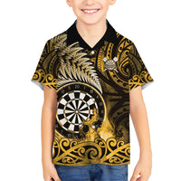 Personalised New Zealand Darts Family Matching Short Sleeve Bodycon Dress and Hawaiian Shirt Maori Koru Dartboard Gold Flame