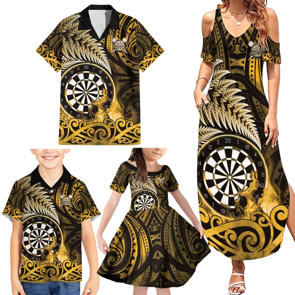 Personalised New Zealand Darts Family Matching Summer Maxi Dress and Hawaiian Shirt Maori Koru Dartboard Gold Flame