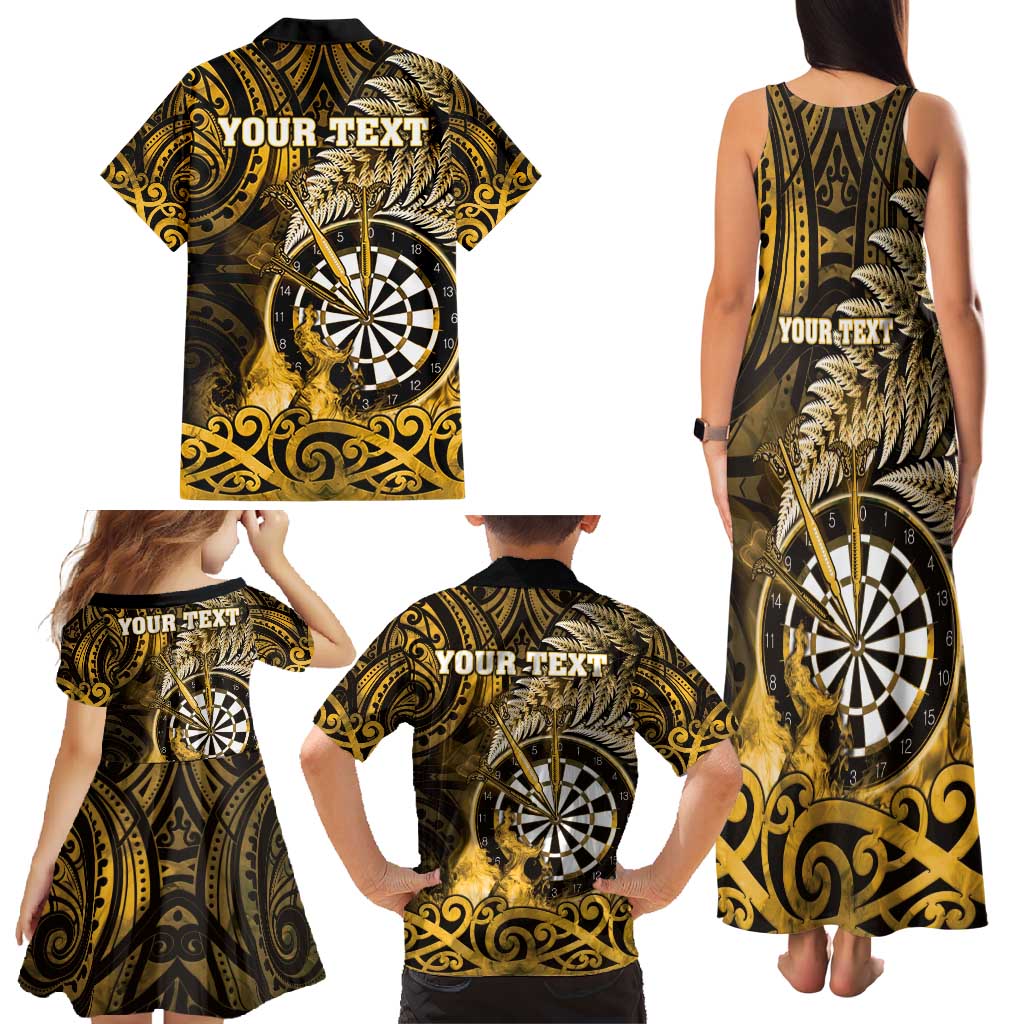 Personalised New Zealand Darts Family Matching Tank Maxi Dress and Hawaiian Shirt Maori Koru Dartboard Gold Flame