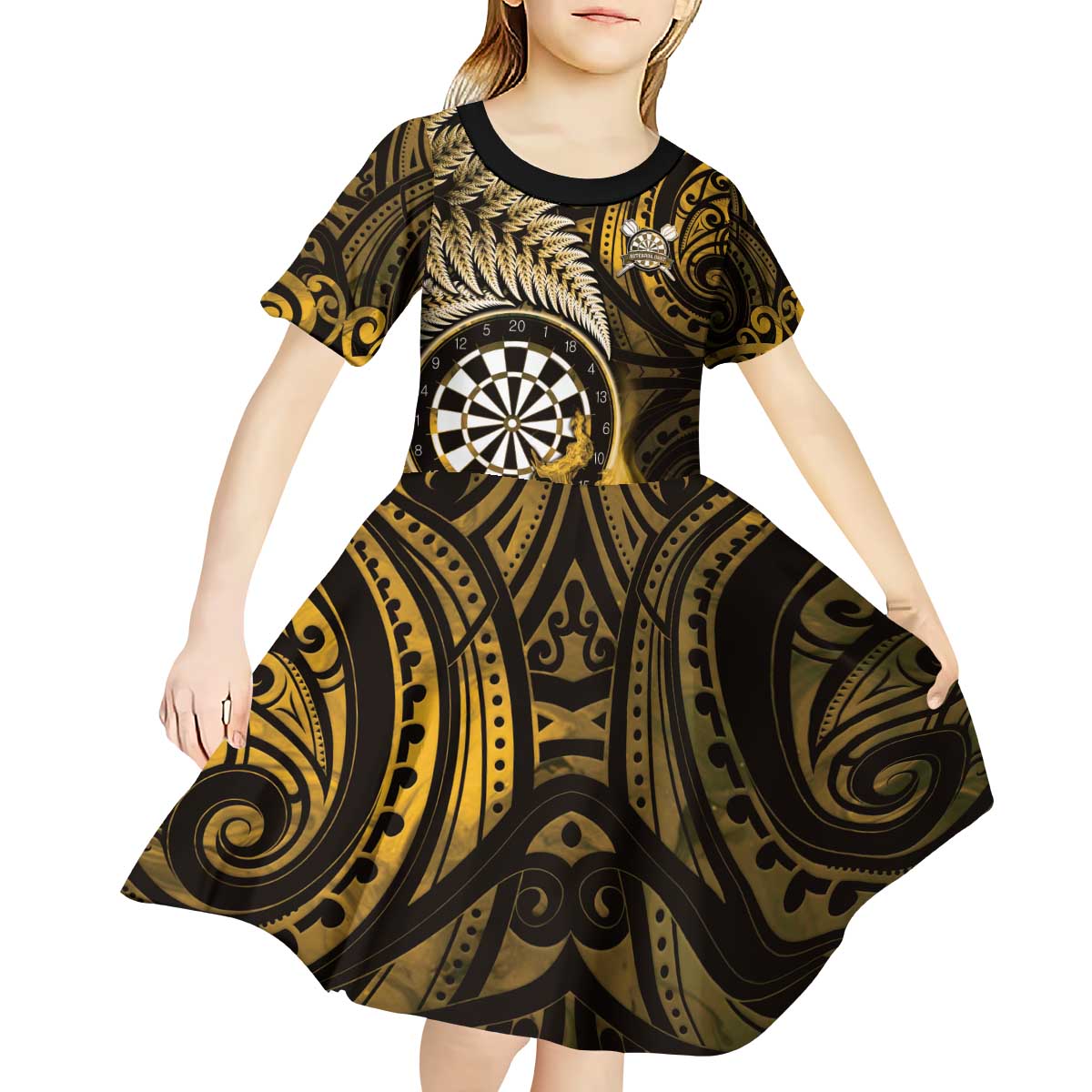 Personalised New Zealand Darts Kid Short Sleeve Dress Maori Koru Dartboard Gold Flame