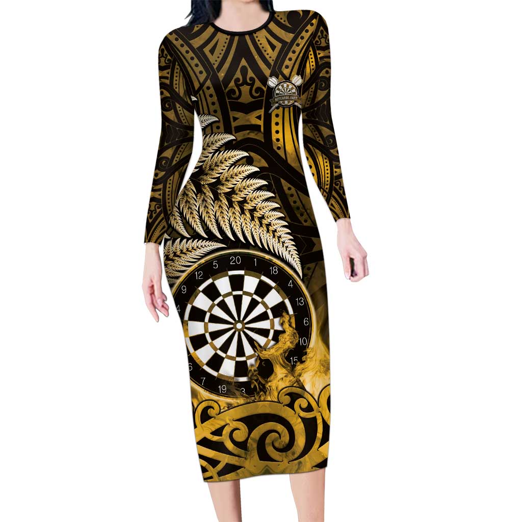 Personalised New Zealand Darts Long Sleeve Bodycon Dress Maori Koru Dartboard Gold Flame