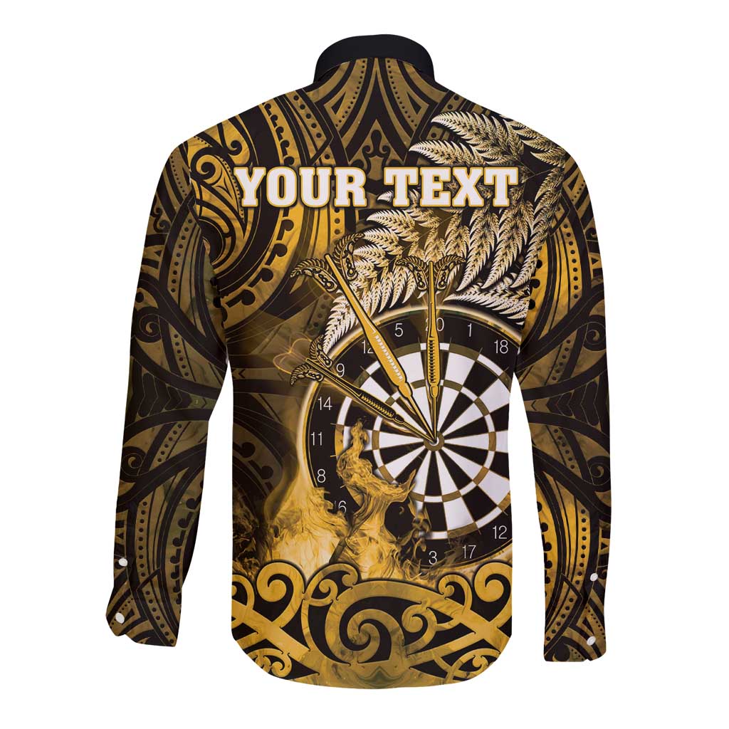 Personalised New Zealand Darts Long Sleeve Button Shirt Maori Koru Dartboard Gold Flame