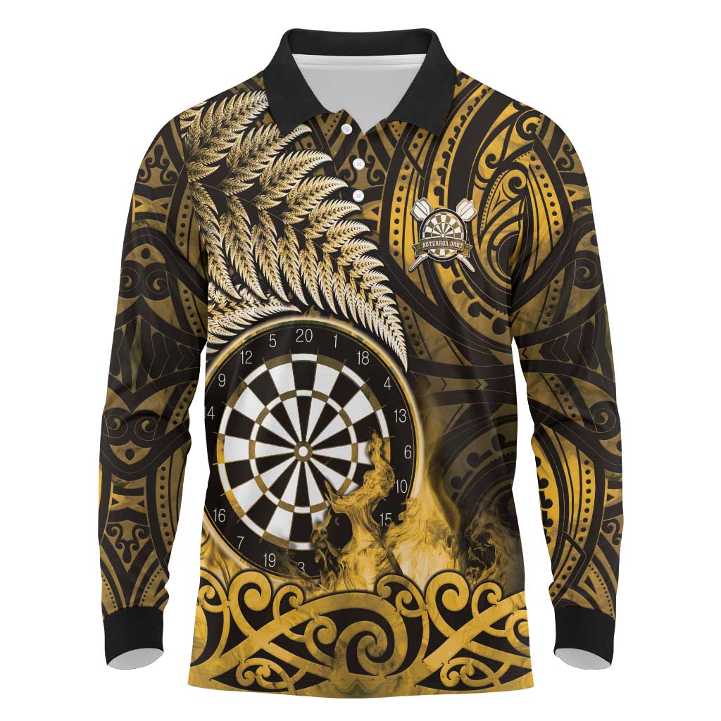 Personalised New Zealand Darts Long Sleeve Polo Shirt Maori Koru Dartboard Gold Flame