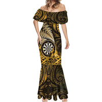 Personalised New Zealand Darts Mermaid Dress Maori Koru Dartboard Gold Flame