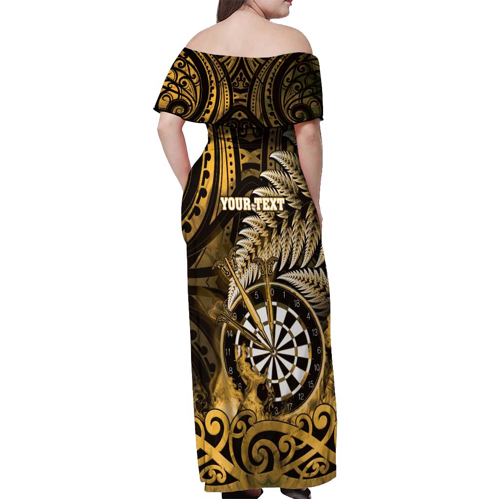 Personalised New Zealand Darts Off Shoulder Maxi Dress Maori Koru Dartboard Gold Flame