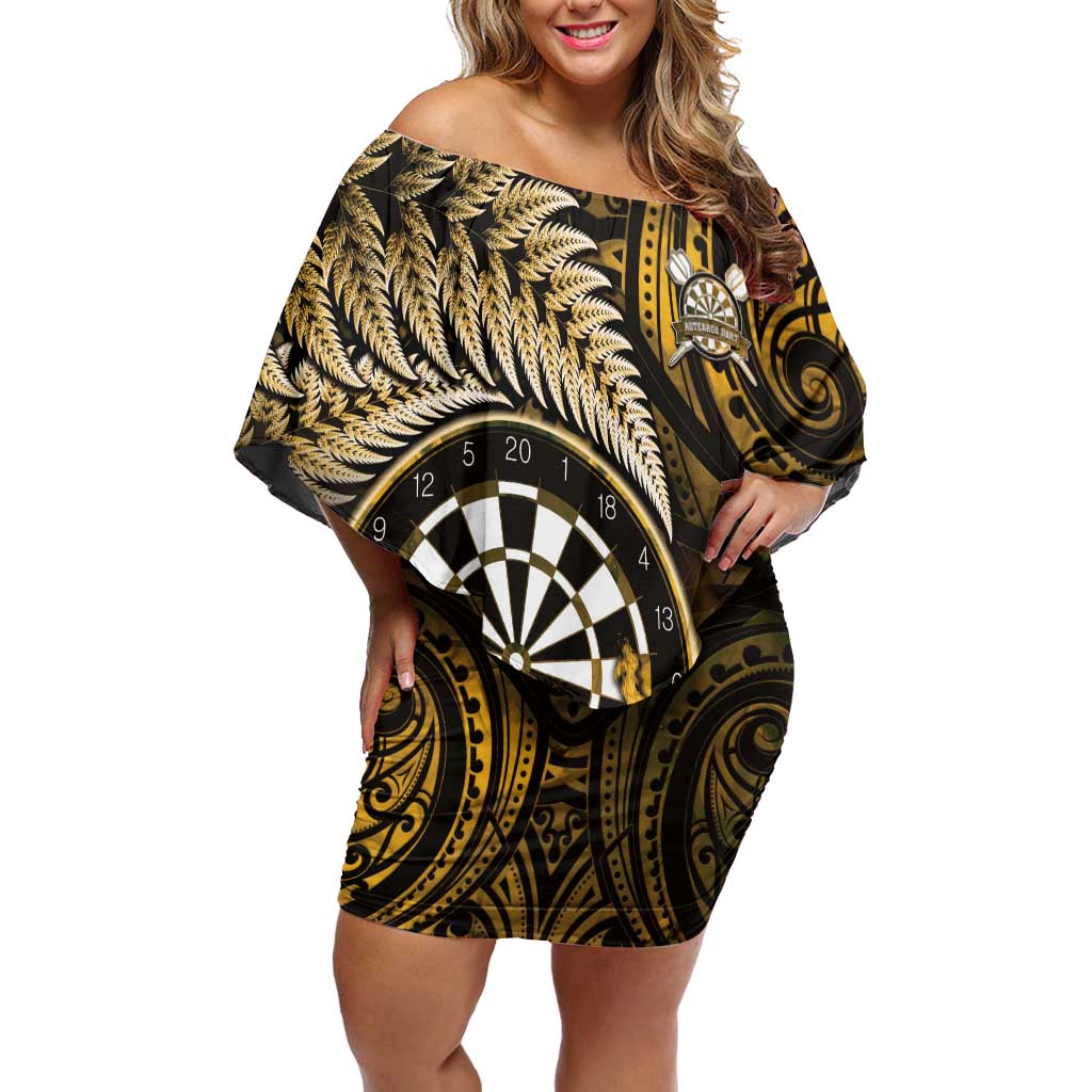 Personalised New Zealand Darts Off Shoulder Short Dress Maori Koru Dartboard Gold Flame