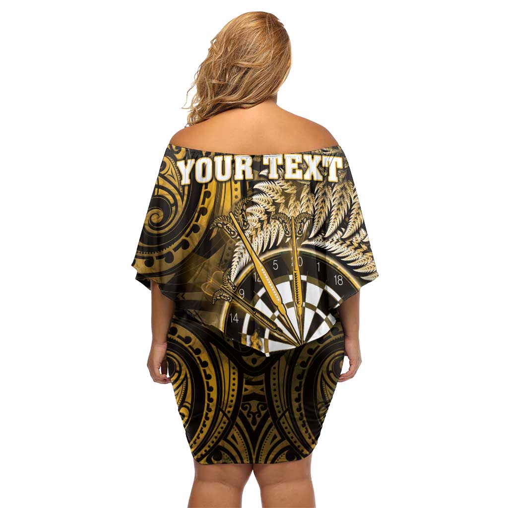 Personalised New Zealand Darts Off Shoulder Short Dress Maori Koru Dartboard Gold Flame
