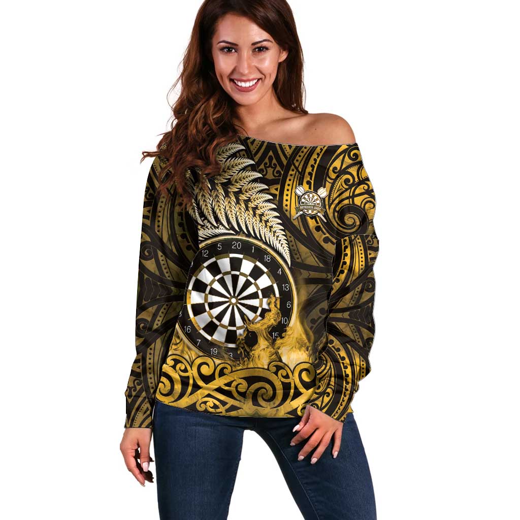 Personalised New Zealand Darts Off Shoulder Sweater Maori Koru Dartboard Gold Flame
