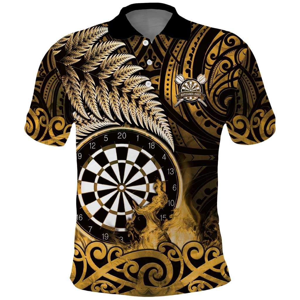 Personalised New Zealand Darts Polo Shirt Maori Koru Dartboard Gold Flame