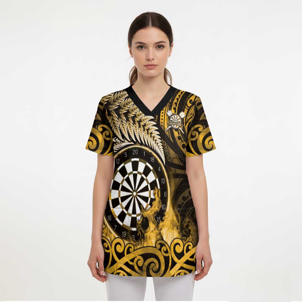 Personalised New Zealand Darts Scrub Top Maori Koru Dartboard Gold Flame - Polynesian Pride