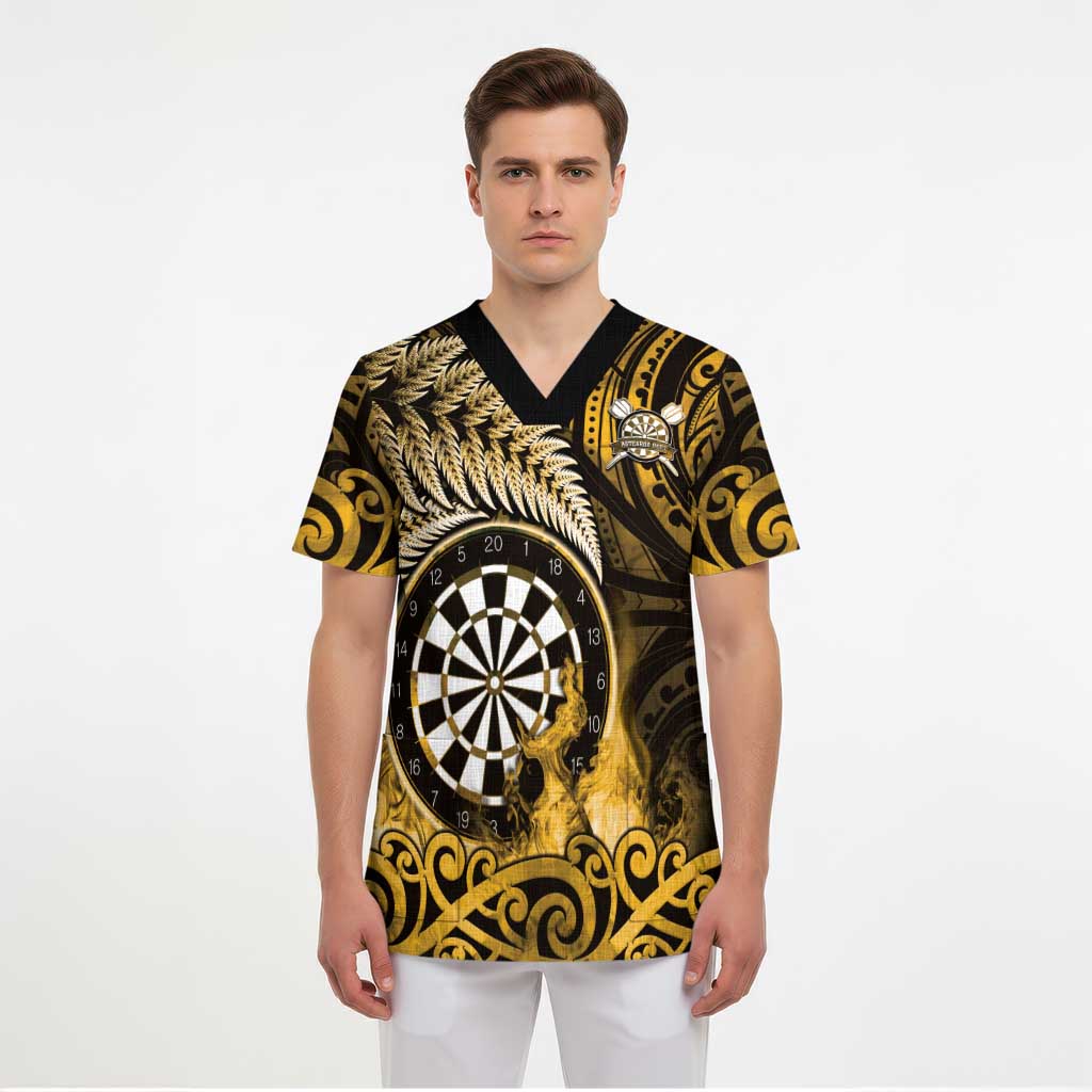 Personalised New Zealand Darts Scrub Top Maori Koru Dartboard Gold Flame - Polynesian Pride