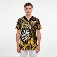 Personalised New Zealand Darts Scrub Top Maori Koru Dartboard Gold Flame - Polynesian Pride