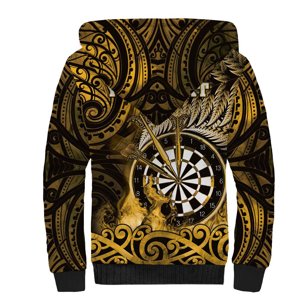 Personalised New Zealand Darts Sherpa Hoodie Maori Koru Dartboard Gold Flame