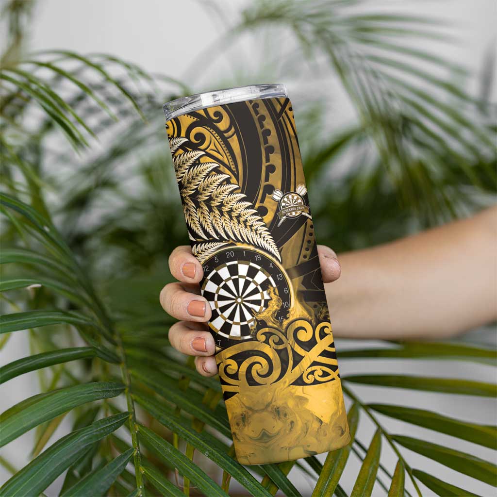Personalised New Zealand Darts Skinny Tumbler Maori Koru Dartboard Gold Flame